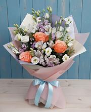 Букет цветов из:  Лизиантусы, Розы, Альстромерии и Гипсофила в Дзержинске