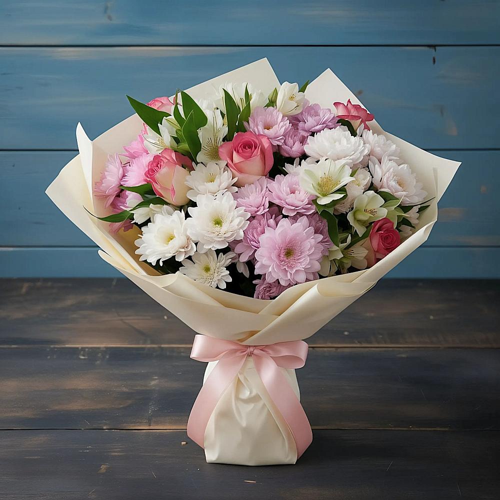 Букет цветов из: Хризантемы, Альстромерии и Розы в Дзержинске